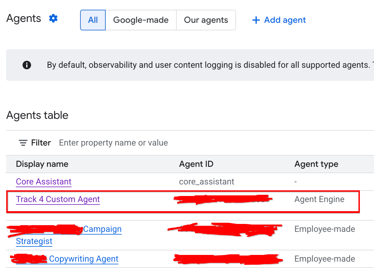 Cloud Console Agents table 등록 화면